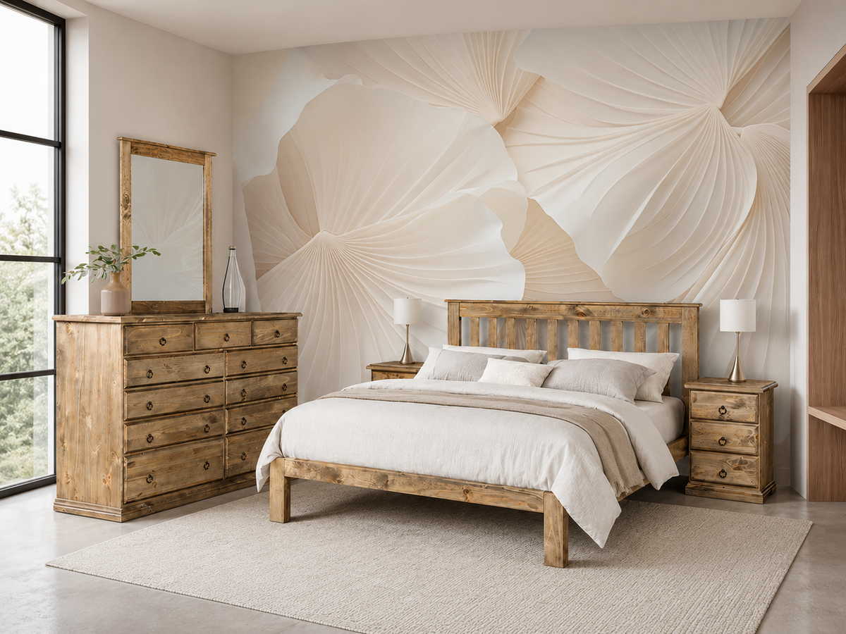Cronulla Double Or Queen 5 Piece (DRESSER) Bedroom Suite - Bed With Doona Foot - Baltic (#215) , Walnut (#219) Or Grey Wash (#501)