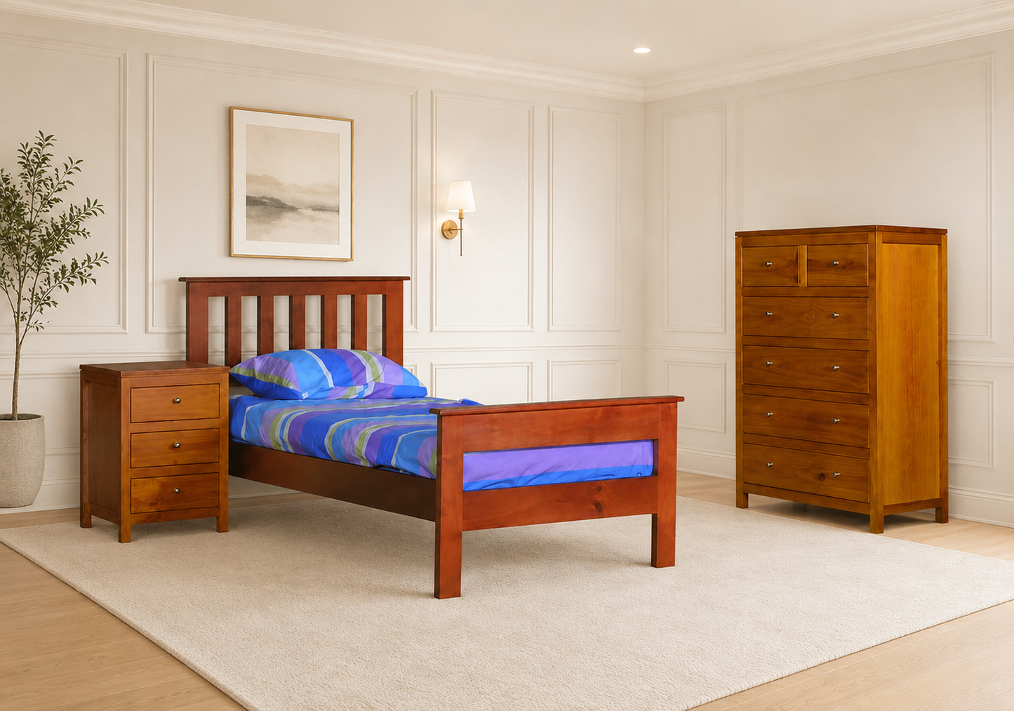 King Federation (AUSSIE MADE) With Railed Foot End 5 Piece (DRESSER) Bedroom Suite - Assorted Colours