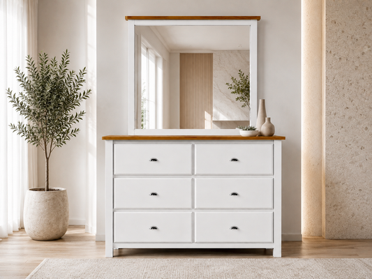 Durant (AUSSIE MADE) 6 Drawer Dressing Table With Mirror - 1630(H) X 1200(W) X 450(D) - Assorted Colours