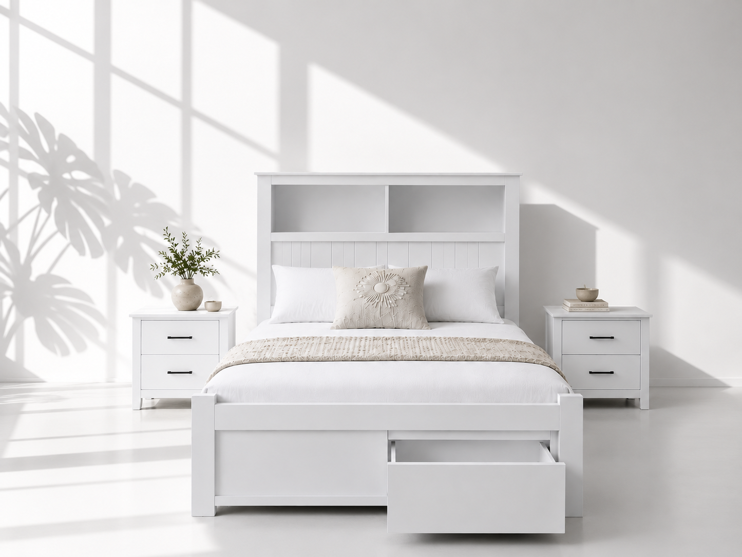 King Single Jessy Bookend Bed With 2 Drawers - White , Blackwood Or Walnut