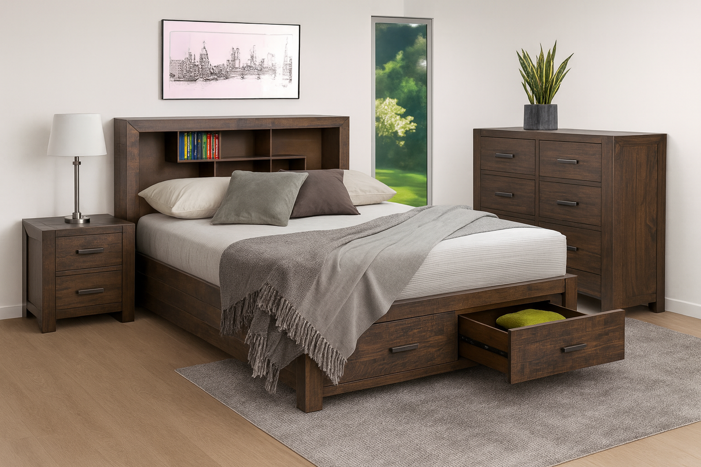 Munich Queen 6 Piece (THE LOT) Bedroom Suite With Under Bed Storage - Grey Stone