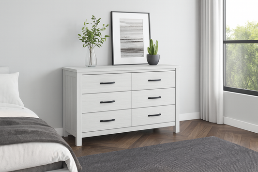 Mildred 6 Drawer Solid Timber Dressing Table / Lowboy - Whitewash