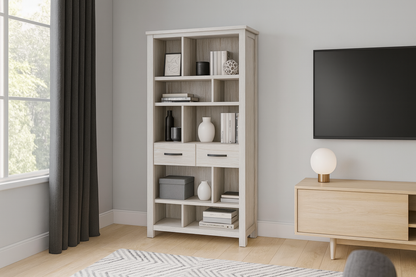 Florida Bookcase With 2 Drawers - 1900(H) X 1000(W) X 360(D) - Brushed Whitewash