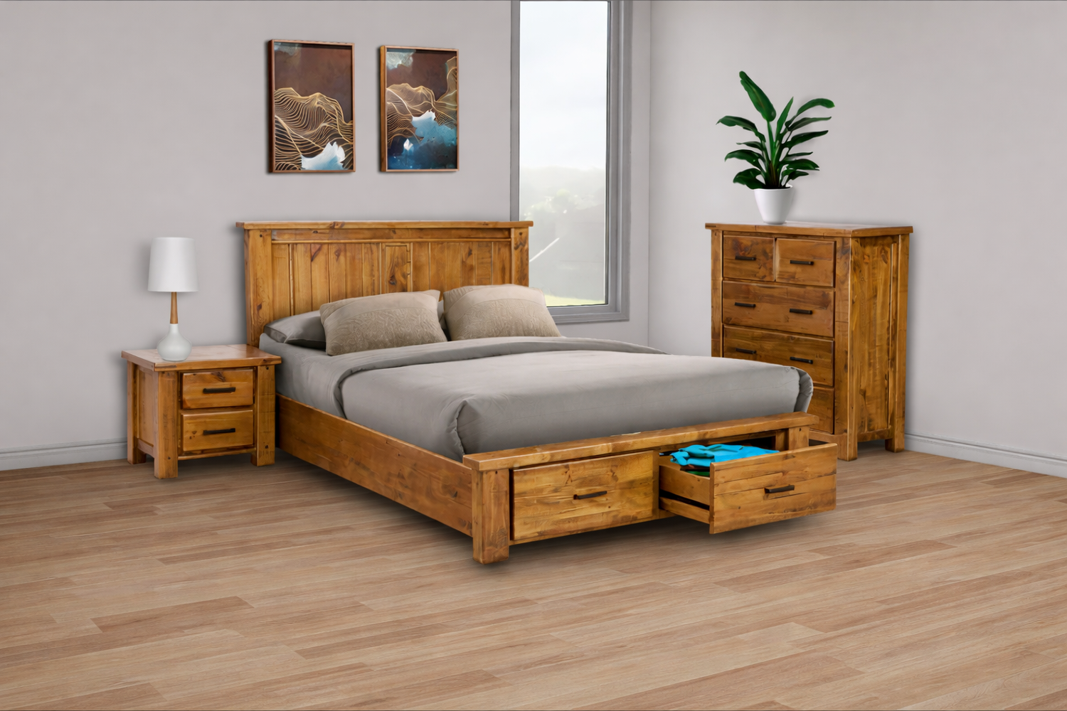 Houston King 3 Piece (BEDSIDE) Bedroom Suite With 2 Under Bed Drawers - Rustic Oak