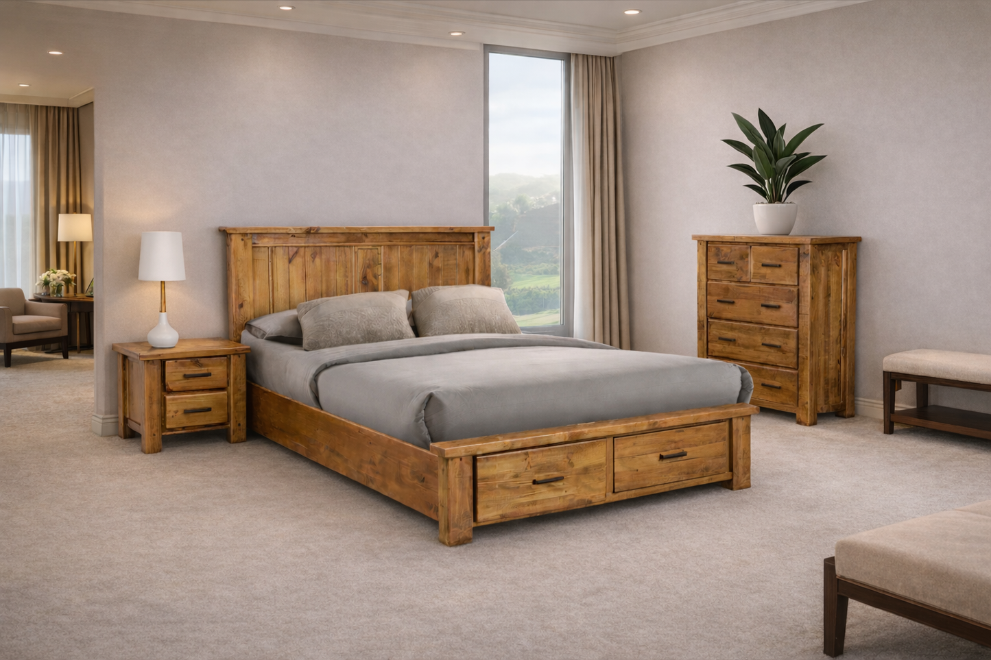 HOUSTON KING 3 PIECE (BEDSIDE) BEDROOM SUITE WITH 2 UNDER BED DRAWERS - RUSTIC OAK