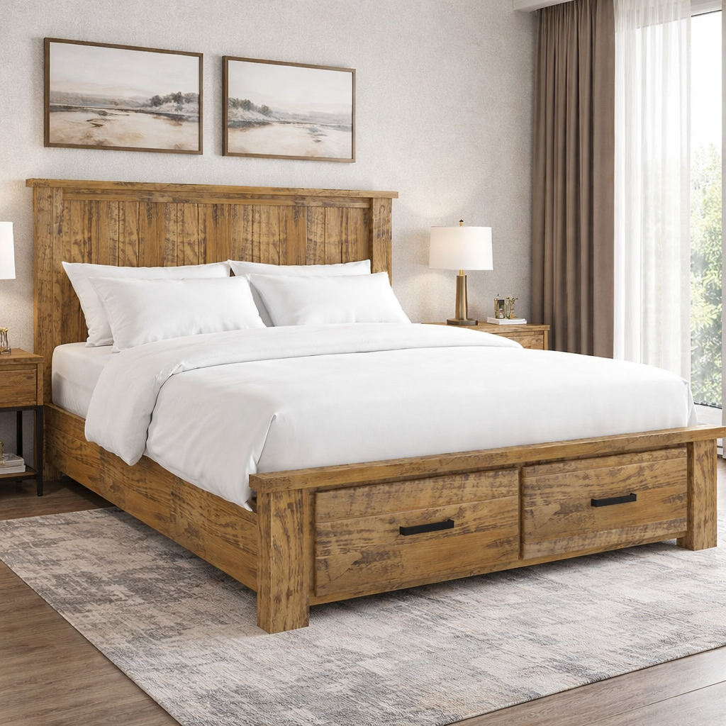 HOUSTON QUEEN 3 PIECE (BEDSIDE) BEDROOM SUITE WITH 2 UNDER BED DRAWERS - RUSTIC OAK