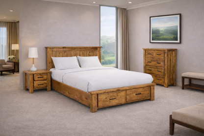 KING HOUSTON TIMBER BED WITH UNDER BED STORAGE - RUSTIC OAK