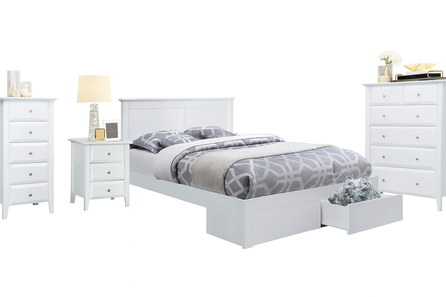 MAGNIFICENT DOUBLE OR QUEEN 4 PIECE (TALLBOY) SUITE - BRIGHT SATIN WHITE