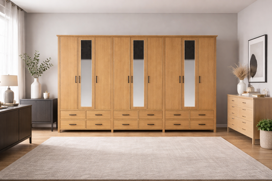 Sydneyside (AUSSIE MADE) 9 Door / 12 Drawer Mirror Robe - (4 SECTION) Pigeon Paired Collection - Tassie Oak Combination - Assorted Stained Colours