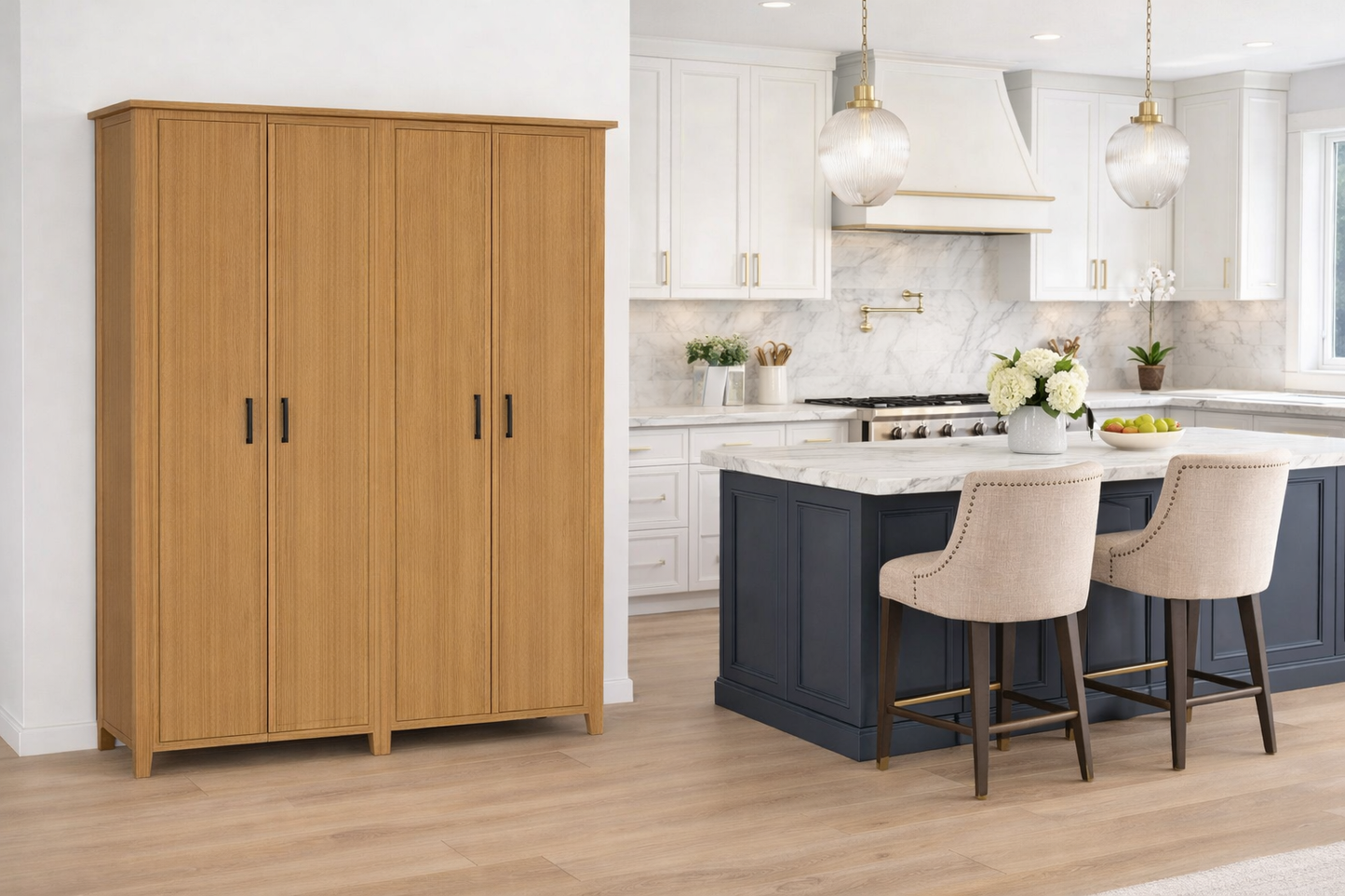 Sydneyside (AUSSIE MADE) Pantry With Picture Frame Doors Pigeon Paired Collection - Tassie Oak Combination - Assorted Stained Colours