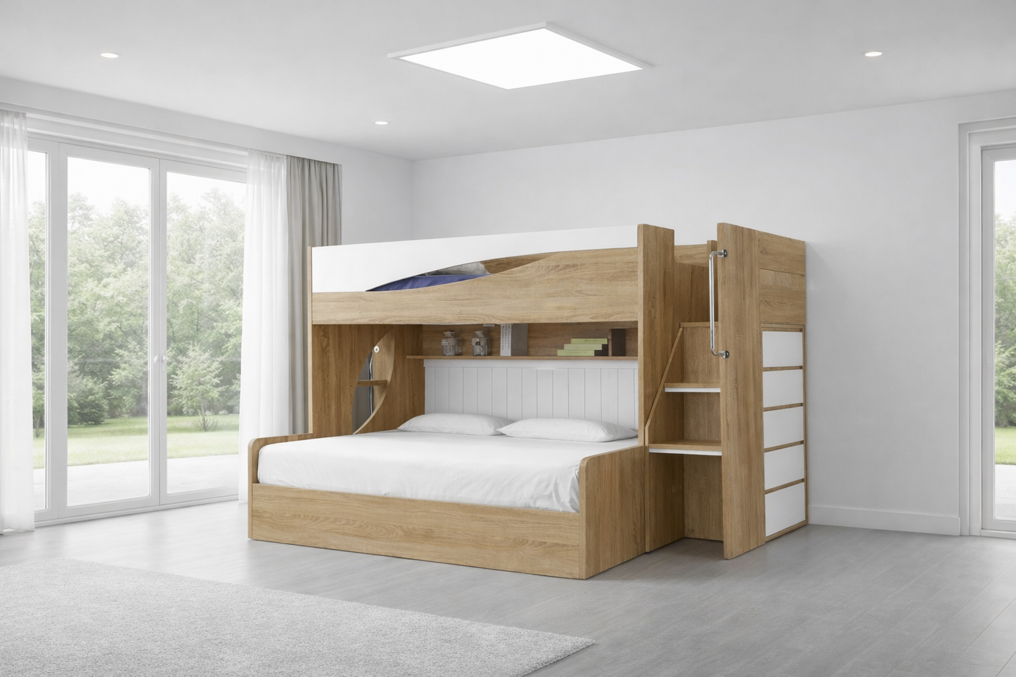 Kenery Single / Double Convertible Bunk With Side Cabinet Ladder With Shelf (LS-089) - Oak / White Combination