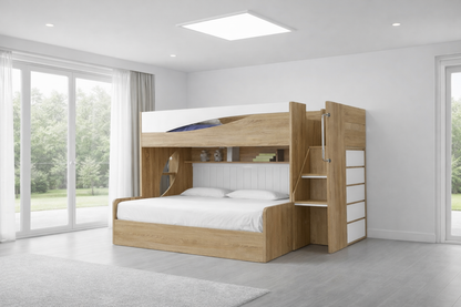 Kenery Single / Double Convertible Bunk With Side Cabinet Ladder With Shelf (LS-089) - Oak / White Combination