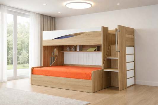 Kenery Single Over Double Convertible / Gas Lift Bunk With Side Cabinet Ladder And 5 Drawer Slim Tallboy (LS-089) - Oak / White Combination
