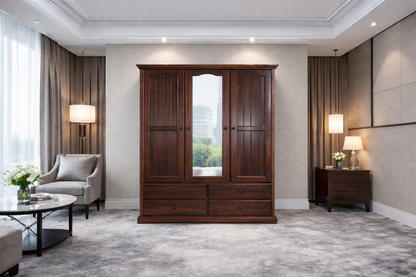 Mudgee (AUSSIE MADE) Mirror Wardrobe With 3 Doors & 4 Drawers All Hanging Collection - Assorted Stained Colours