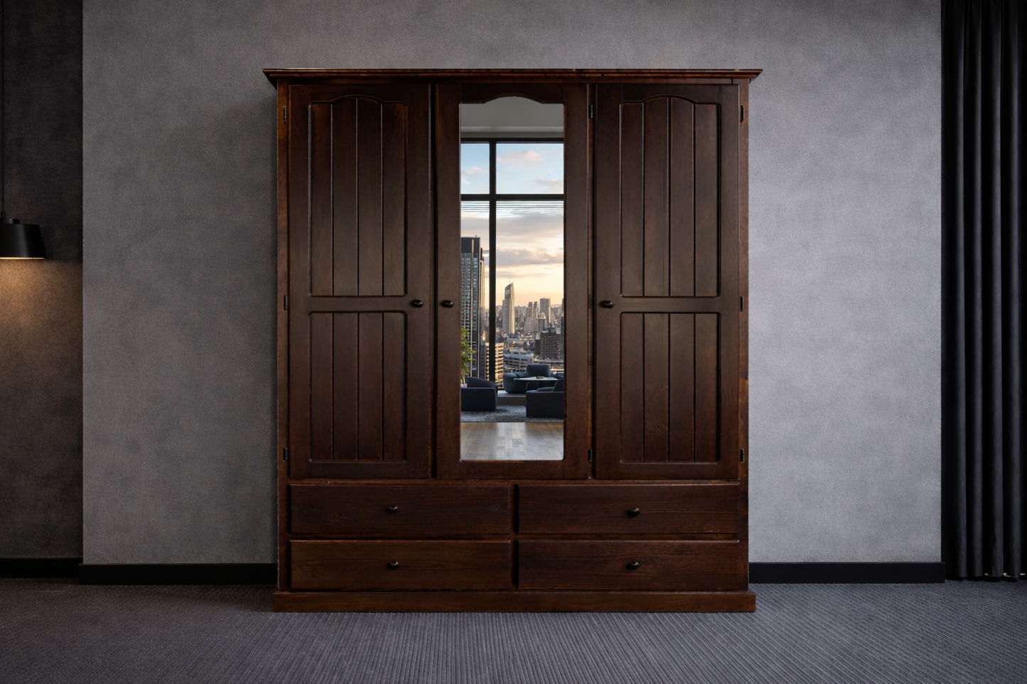 Mudgee (AUSSIE MADE) Mirror Wardrobe With 3 Doors & 4 Drawers All Hanging Collection - Assorted Stained Colours