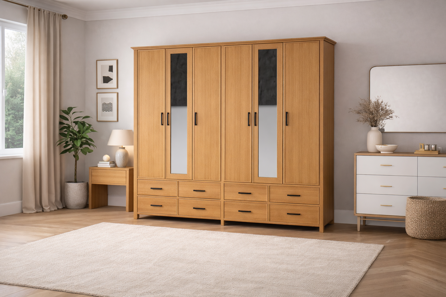 Sydneyside (AUSSIE MADE) 6 Door / 8 Drawer Mirror Robe - (3 SECTION) Pigeon Paired Collection - Assorted Stained Colours