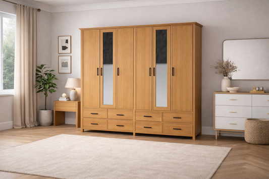 Sydneyside (AUSSIE MADE) 6 Door / 8 Drawer Mirror Robe - (3 SECTION) Pigeon Paired Collection - Assorted Stained Colours