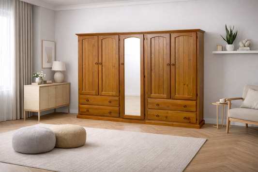 Nimera (LOCAL MAKE) 3 Piece Wardrobe With 5 Doors & 4 Drawers With Shelves Behind Mirror Collection - Assorted Stained Colours