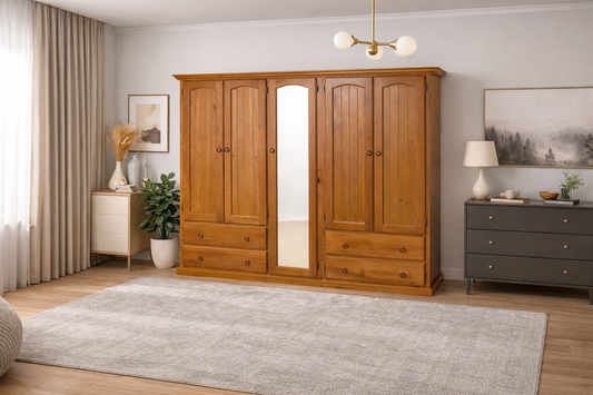 Simeone (AUSSIE MADE) 3 Piece Wardrobe With 5 Doors , 4 Drawers And 4 Shelves Behind Mirror Collection - Assorted Stained Colours