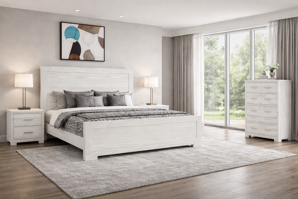 London / Rusticed Kiing Single 3 Piece (TALLBOY) Bedroom Suite - Whitewash