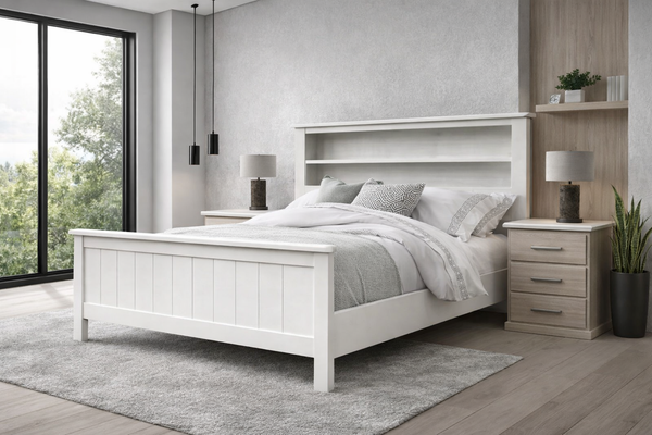 Queen Quinton (AUSSIE MADE) Timber Bed Frame With Bookcase Bedhead - Assorted Painted Colours
