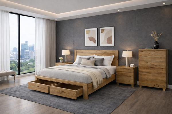 Oakland (AUSSIE MADE) Queen 4 Piece Bedroom Suite (WITH FOOTEND STORAGE DRAWERS) - Assorted Stained Colours