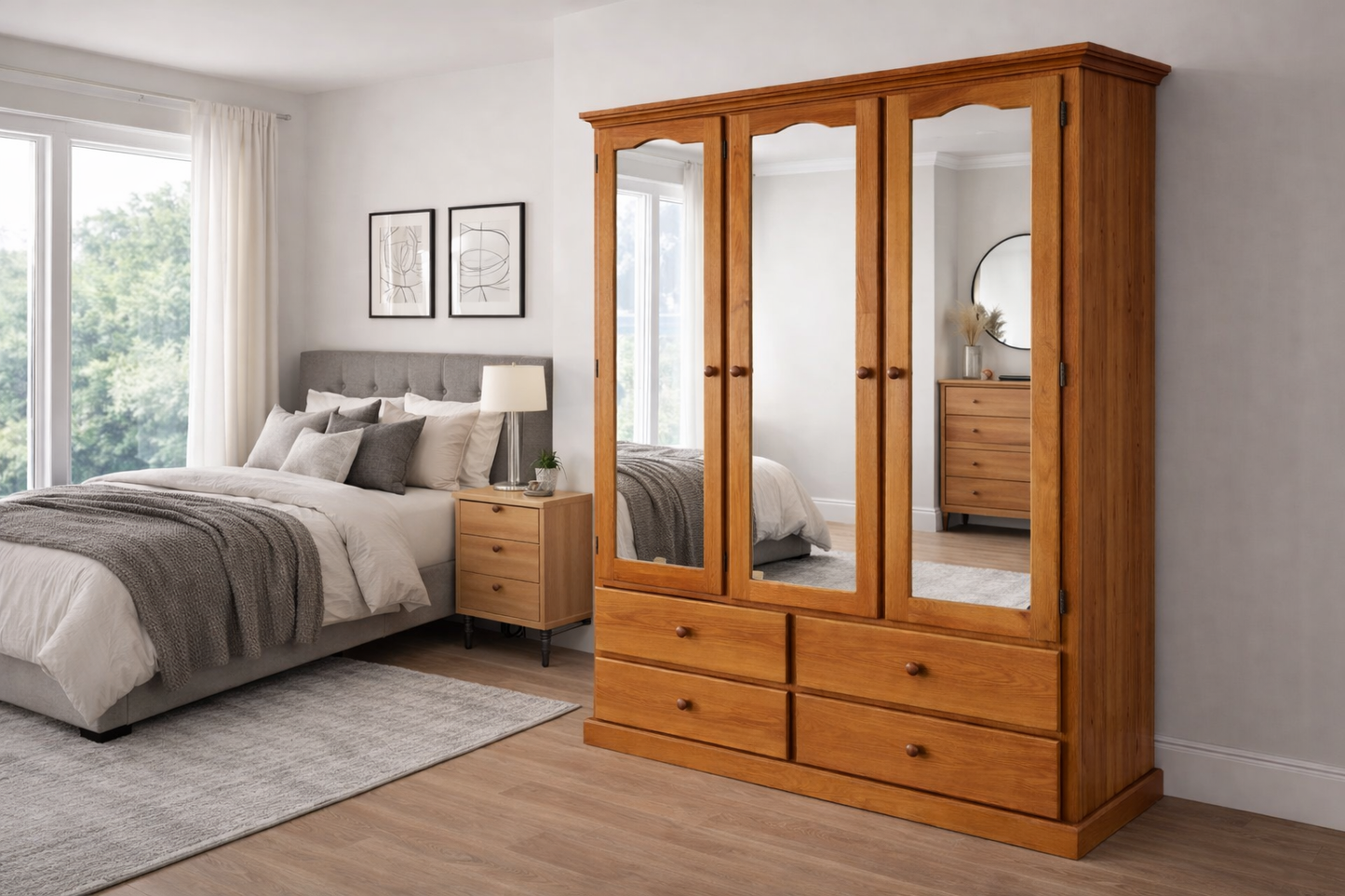 Mudgee (AUSSIE MADE) Wardrobe With 3 Mirrored Doors / 4 Drawers Wardrobe Collection - Assorted Stained Colours