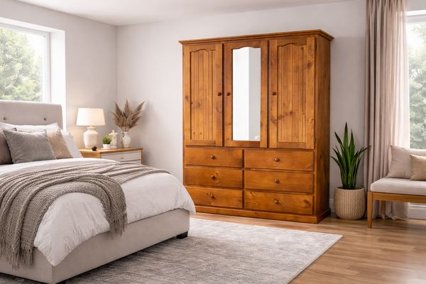 Mudgee (AUSSIE MADE) Wardrobe - All Hanging With 3 Doors / 6 Drawers Mirrored Wardrobe Collection - Assorted Stained Colours