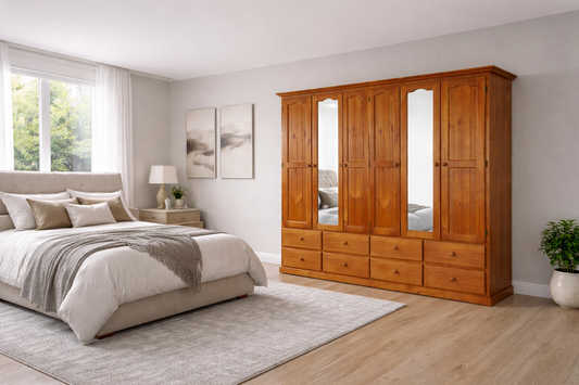 Mudgee (AUSSIE MADE) Mirror Wardrobe With 6 Doors / 8 Drawers Collection - Assorted Stained Colours