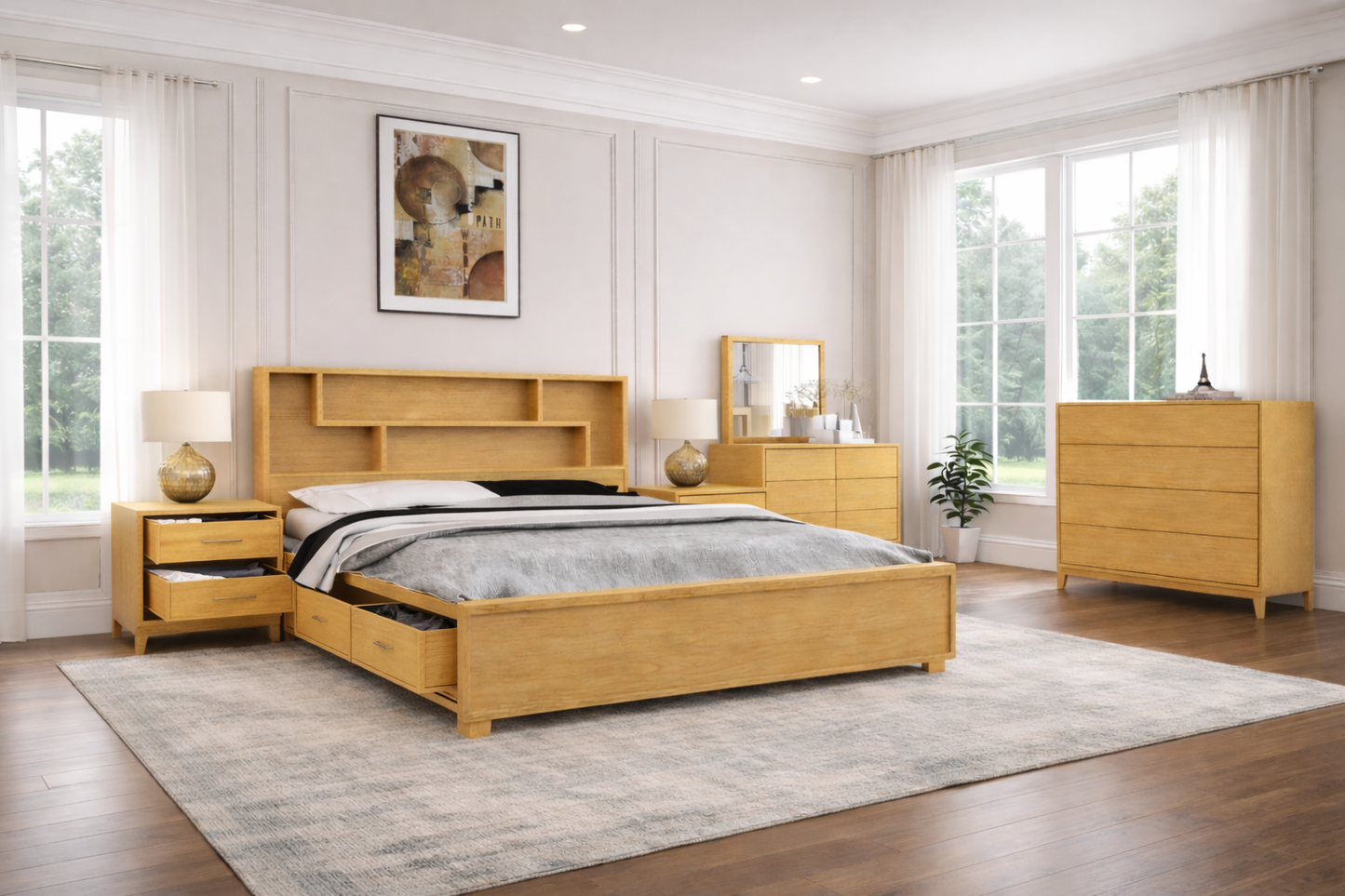 Queen Antarctica (AUSSIE MADE) Bed Frame With Bookcase & 4 Under Bed Storage Drawers - Assorted Colours