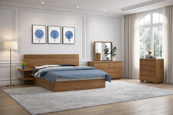 Double / Queen Madrid (AUSSIE MADE) 3 Piece (BEDSIDE) Bedroom Suite - Tassie Oak Combination - Assorted Colours