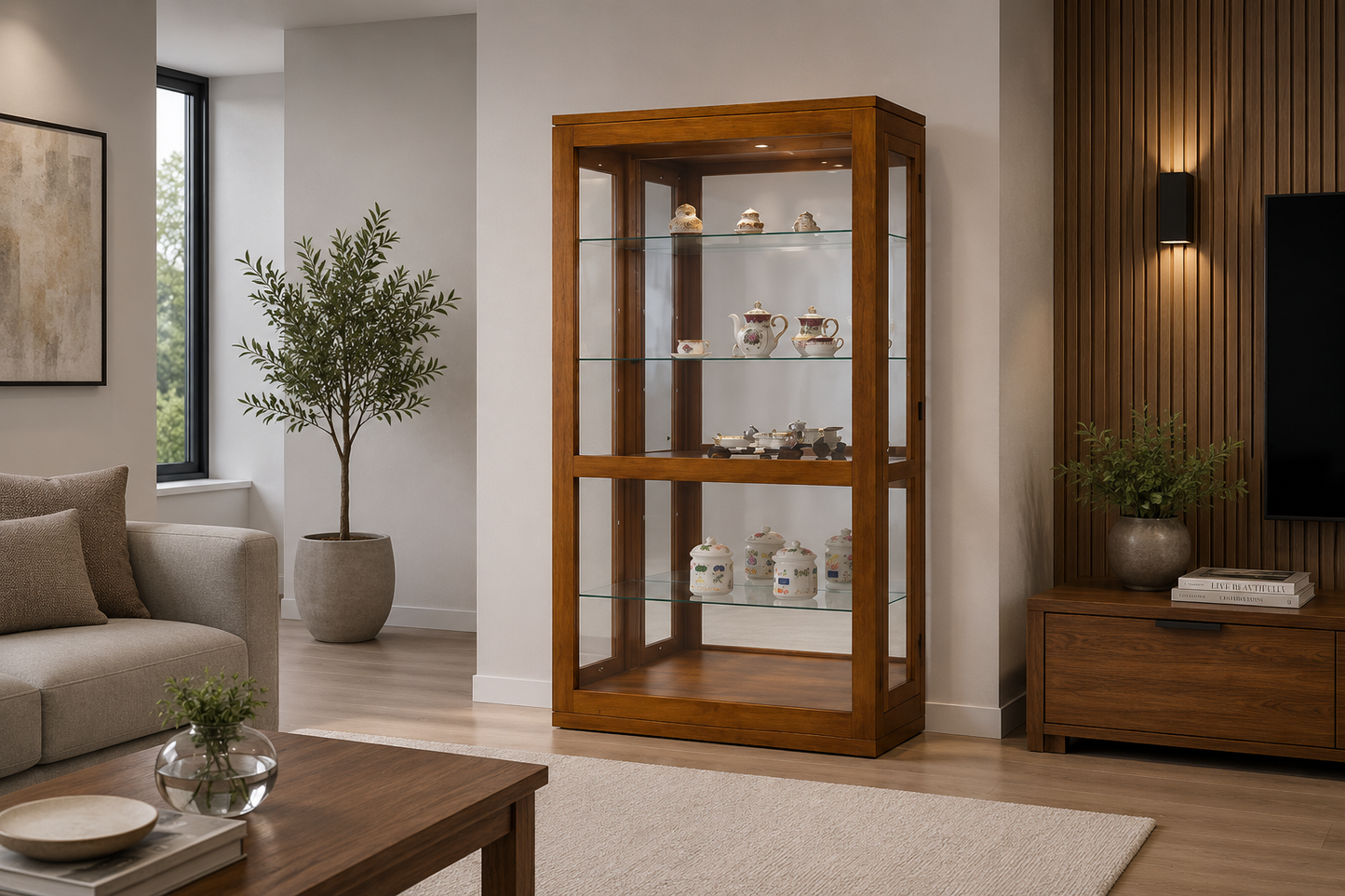 Shannon (AUSSIE MADE) Display Unit With Groove Top , 2 Side Doors , Mirrored Back Collection - Tassie Oak Combination - Assorted Stained Colours