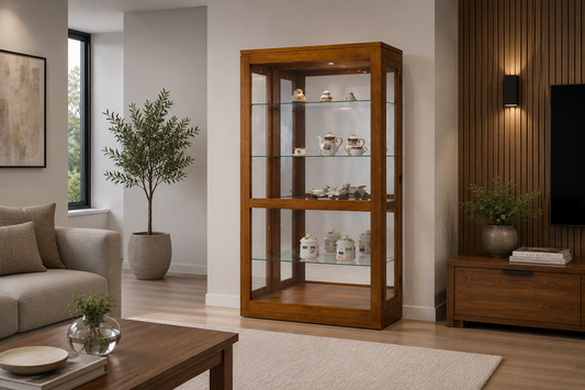 Shannon (AUSSIE MADE) Display Unit With Groove Top , 2 Side Doors , Mirrored Back Collection - Tassie Oak Combination - Assorted Stained Colours