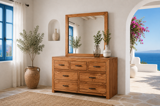 Bustin (AUSSIE MADE) 7 Drawers Dressing Table With Mirror - Assorted Stained Colours