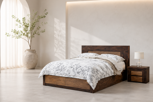 Queen Everest (2108) Timber Bed With 2 Foot End Under Bed Storage Drawers - As Pictured