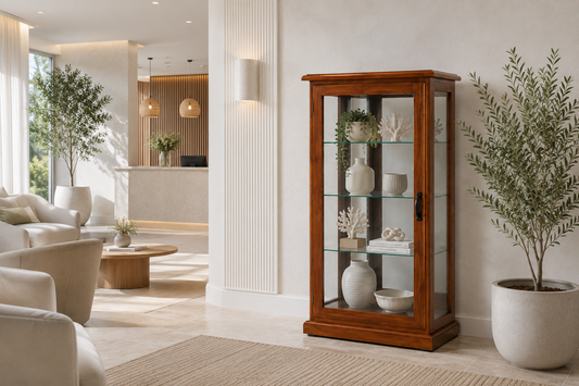 Drover (AUSSIE MADE) Lowline Glass Display Cabinet With Mirrored Back Collection - Assorted Stained Colours