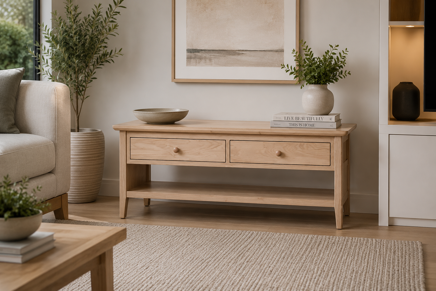 Robinhood (AUSSIE MADE) Coffee Table With 2 Drawers & Magazine Rack Collection - Assorted Stained Colours - Tassie Oak Combination