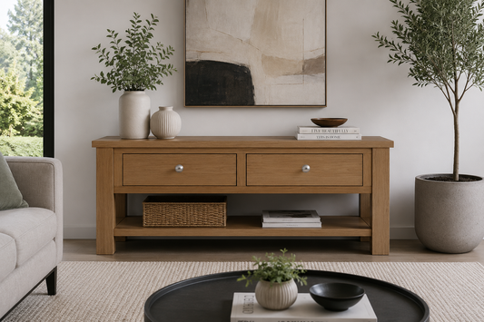 Eminence (AUSSIE MADE) 2 Drawer Oak Coffee Table Collection - Tassie Oak / Tassie Oak Combination - Assorted Stained Colours