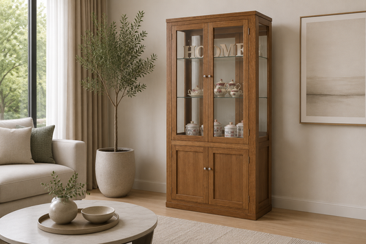Joe (AUSSIE MADE) China Display Unit With Groove Top With 4 Doors / 2 Glass Shelves + Mirrored Back (HALF GLASS) Collection - Tassie Oak Combination - Assorted Stained / Marble Colours