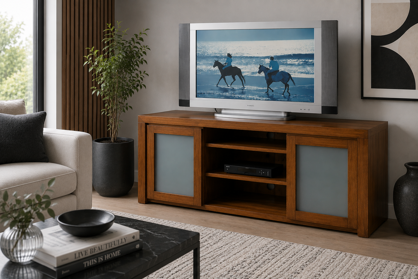 Cameo (AUSSIE MADE) 2 Door Straight Base Lowline TV Unit With 2 Dvd Pullouts Glass Collection - Tassie Oak Combination - Assorted Stained Colours