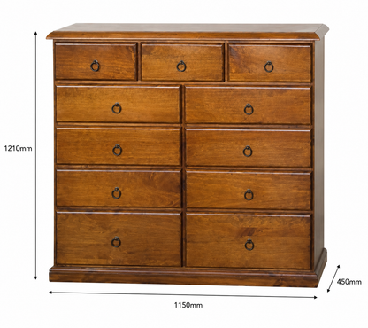 Cronulla (CR48511) 11 Drawers Split Top Chest - 1210(H) X 1150(W) - Baltic , Walnut Or Greywash