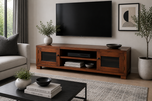 Retro (AUSSIE MADE) Timber Lowline TV Unit With 2 Glass Doors & 2 Shelves Collection - Assorted Stained Colours