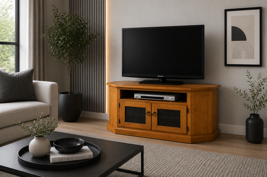Roma (AUSSIE MADE) Corner TV Unit With 1 Slot / 2 Glass Doors Collection - Assorted Stained Colours