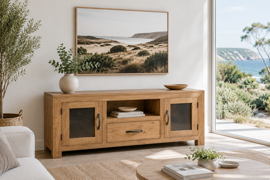 Frank (AUSSIE MADE) TV Entertainment Unit With 2 Doors & 1 Drawer With Extension Runners - 600(H) X 1400(W) - Assorted Stained Colours