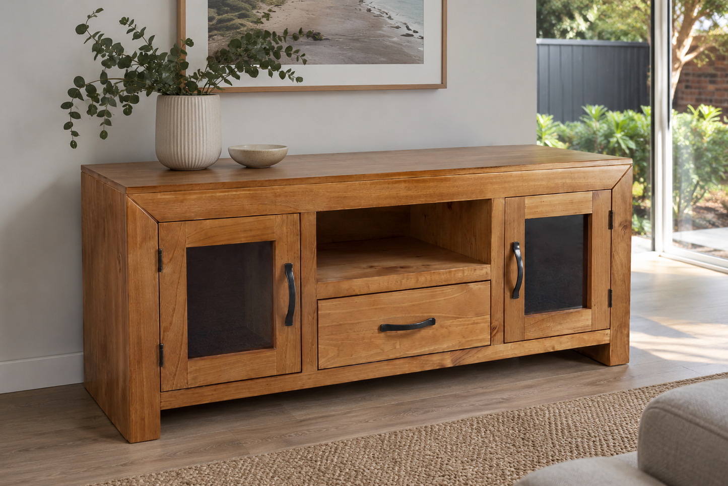 Frank (AUSSIE MADE) TV Entertainment Unit With 2 Doors & 1 Drawer With Extension Runners - 600(H) X 1400(W) - Assorted Stained Colours