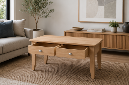 Elegance (AUSSIE MADE) 2 Drawer Coffee Table With Magazine Rack Collection - Tassie Oak Combination - Assorted Stained Colours