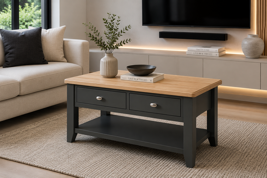Emmett (AUSSIE MADE) 2 Drawer Coffee Table Collection - Tassie Oak Combination - Assorted Painted / Stained Colours