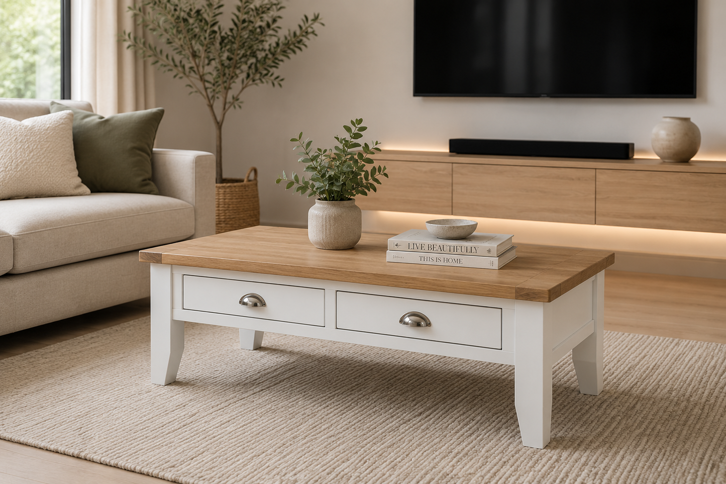 Arbetta (AUSSIE MADE) Coffee Table With 2 Drawers Collection - Tassie Oak Combination - Assorted Stained / Painted Colours