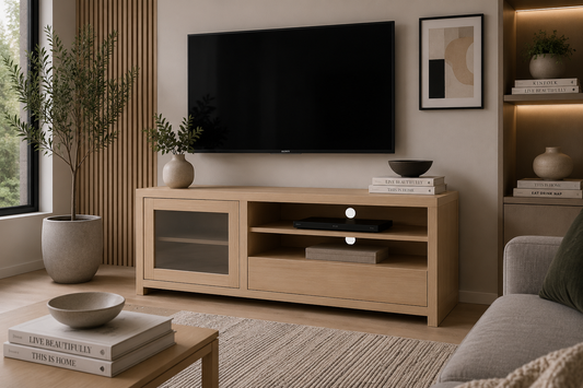 Morgan (AUSSIE MADE) 1 Door / 1 Drawer Entertainment TV Unit Collection - Tassie Oak Combination - Assorted Stained Colours