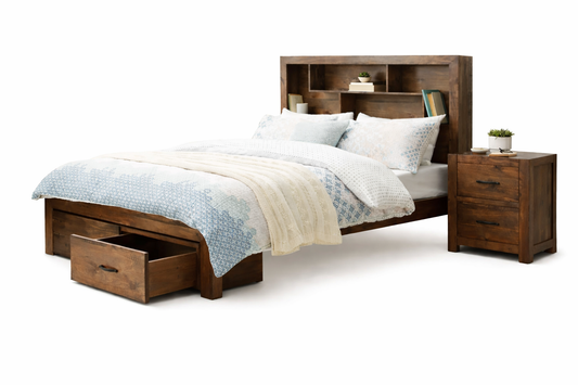 King Greely (AUSSIE MADE) Bed With 2 Underbed Storage Drawers - Assorted Stained Colours